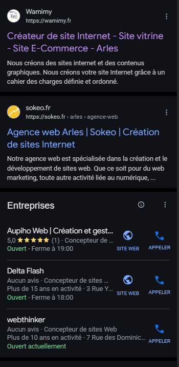 Exemple de référencement avec le créateur de site Internet Wamimy. Résultat de recherche Google