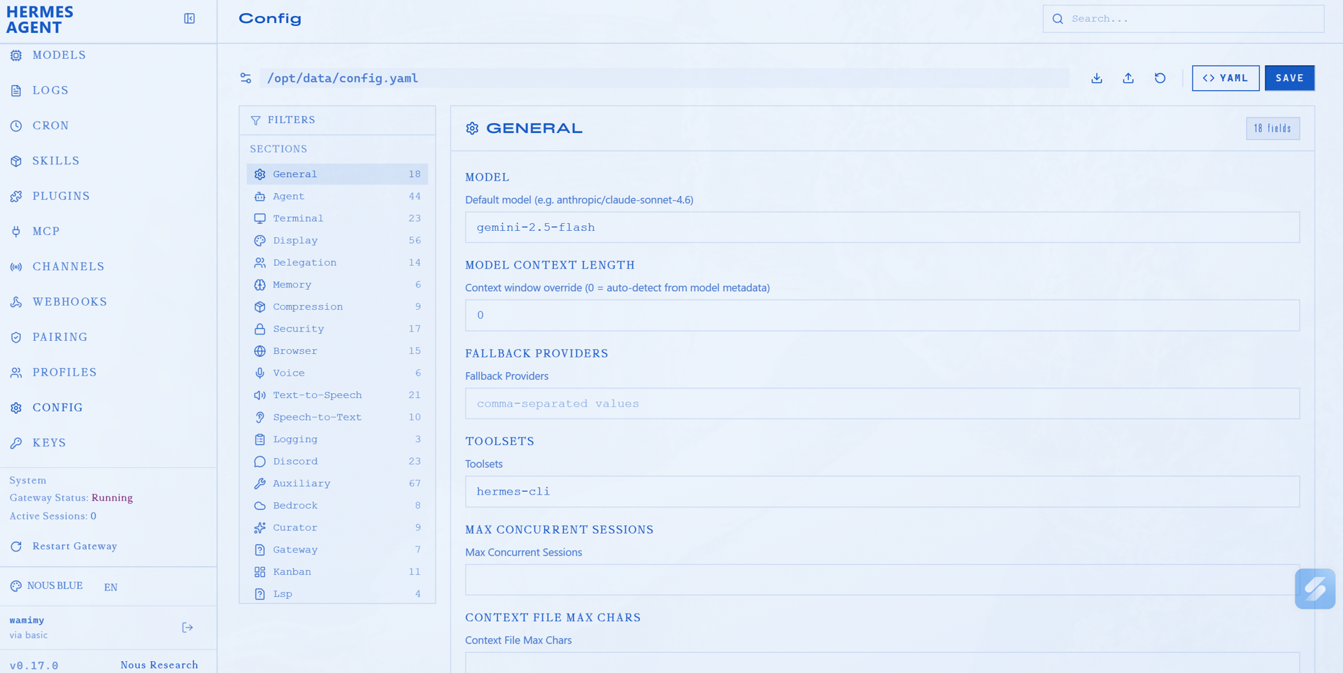 Image du panneau de configuration de hermes agent. Un builder d'agent IA