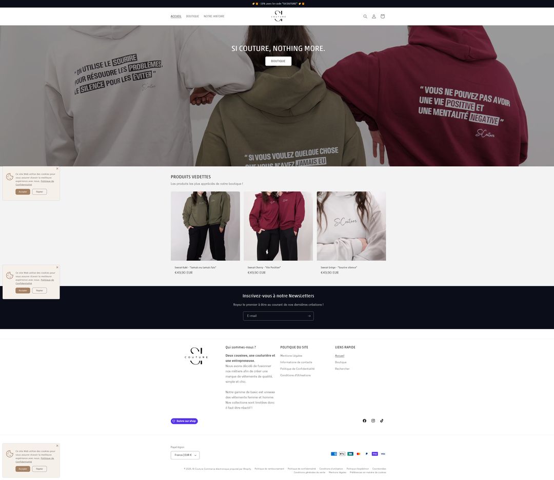 Page principal de la boutique SI couture créé par l'agence web Wamimy